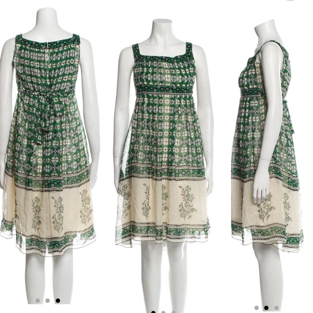 ANNA SUI ANTHROPOLOGIE Silk midi dress sleeveless green floral square neck XS - Picture 15 of 16